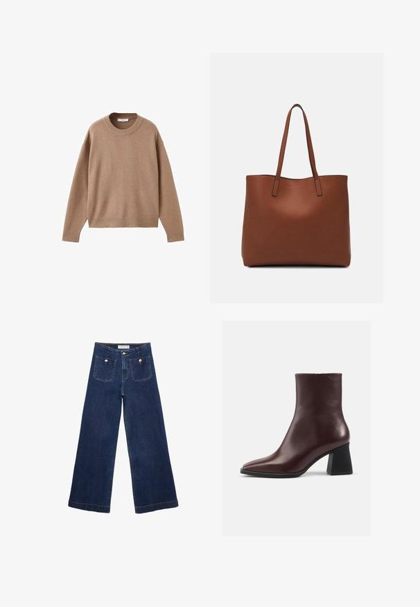 Měkký béžový svetr s dlouhým rukávem a kulatým výstřihem, ribovanými manžetami, lemem a výstřihem, vyložený na bílém pozadí.; Tmavě modré široké džíny z denimu, s dvěma předními kapsami se dekorativními knoflíky a rovně střiženým lemem.; Bordó kožené kotníkové boty s špičatou špičkou, hladkou texturou a robustním černým podpatkem. Elegantní design, minimální akcenty.; Hnědá kožená taška přes rameno s hladkou texturou, otevřeným designem a dvěma ramenními popruhy. Obsahuje minimální švy a žádné viditelné kovové prvky.