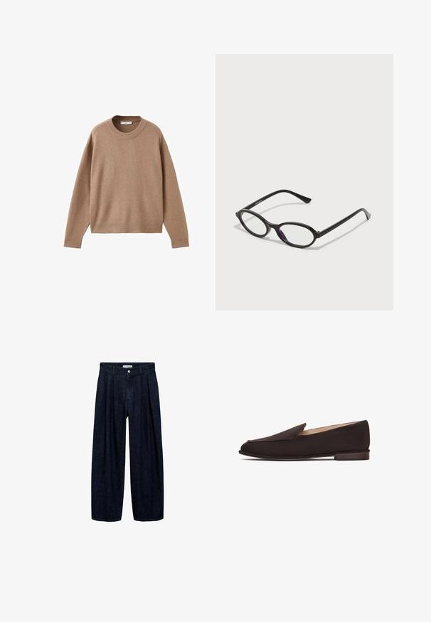 Měkký béžový svetr s dlouhým rukávem a kulatým výstřihem, ribovanými manžetami, lemem a výstřihem, vyložený na bílém pozadí.; Tmavě modré rozšířené kalhoty z denimu s přehyby v pase, vybavené předním knoflíkem a poutky na opasek. Hladká textura a design v plné délce.; Černé mokasíny s hladkým textilním svrškem, špičatou špičkou a nízkým dřevěným podpatkem. Disponují jednoduchým designem na obutí bez viditelného kovového prvku nebo ozdob.; Černé brýle oválného tvaru s průhlednými purpurovými akcenty na čočkách. Rám má matný povrch a štíhlé, rovné nožičky.; Hnědá kožená křížová taška s zakřiveným tvarem, zlatými detaily a akcentem s přezkou. Obsahuje odnímatelný popruh na rameno.