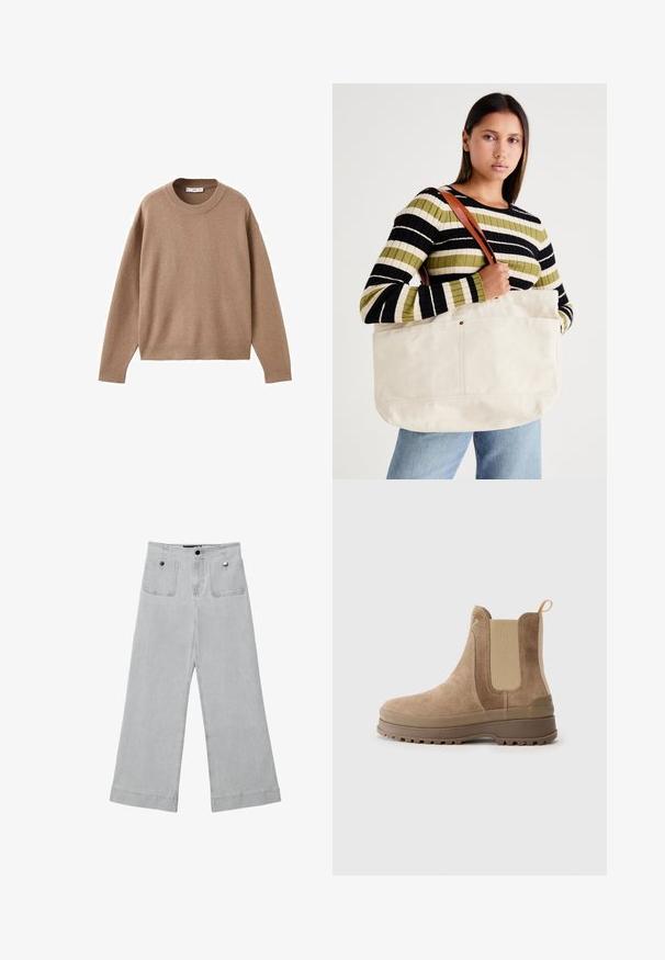 Nježni bež džemper dugih rukava s okruglim izrezom, s rebrastim manžetama, donjim rubom i izrezom, prikazan ravno na bijeloj pozadini.; Hlače širokih nogavica u svijetlo sivoj denimu, s dva prednja džepa, metalnim zatvaranjem i čistim završetkom s obrubljenim rubovima.; Smeđe nubuk Chelsea čizme s elastičnim bočnim panelima, petnom trakom, gumiranim đonom i teksturiranim površinom, s okruglim vrhom i čvrstim dizajnom.; Velika bež platnena torba s tamnosmešnim kožnim trakama, koja se ističe minimalističkim dizajnom i vidljivim šavovima.