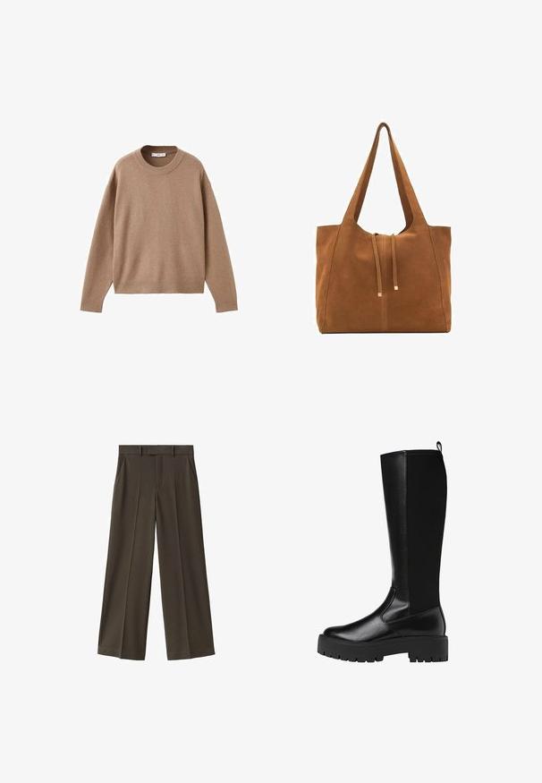 Miękki beżowy sweter z długim rękawem i okrągłym dekoltem, z prążkowanymi mankietami, dolnym obszyciem i dekoltem, wyeksponowany na płasko na białym tle.; Spodnie o szerokich nogawkach w ciemnooliwkowym kolorze, wykonane z gładkiego materiału. Cechy to prosty krój, dwie przednie kieszenie oraz płaski pas w talii.; Czarne syntetyczne buty sięgające do kolan o gładkim, teksturowanym wykończeniu i grubym gumowym spodzie. Zawierają pętlę z tyłu dla łatwego zakładania.; Brązowa torba tote z zamszu z dwoma długimi paskami, zamknięciem na sznurek i minimalistycznym wzornictwem. Gładka tekstura i brak widocznych akcentów metalowych.