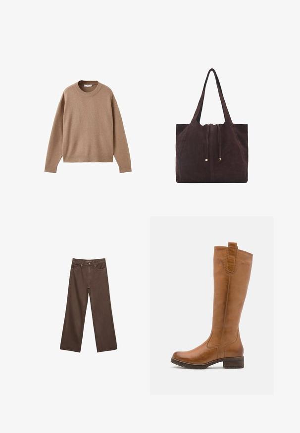 Weicher beiger Langarm-Pullover mit Rundhalsausschnitt, übersichtlich auf einem weißen Hintergrund präsentiert, mit gerippten Bündchen, Saum und Kragen.; Weite braune Jeans aus Denim, mit hoher Taille, Fronttaschen und klassischem Knopfverschluss. Glatte Textur mit feinen Nähten.; Anna Field LEATHER - Stiefel - cognac; Mango Shopping Bag - dark brown