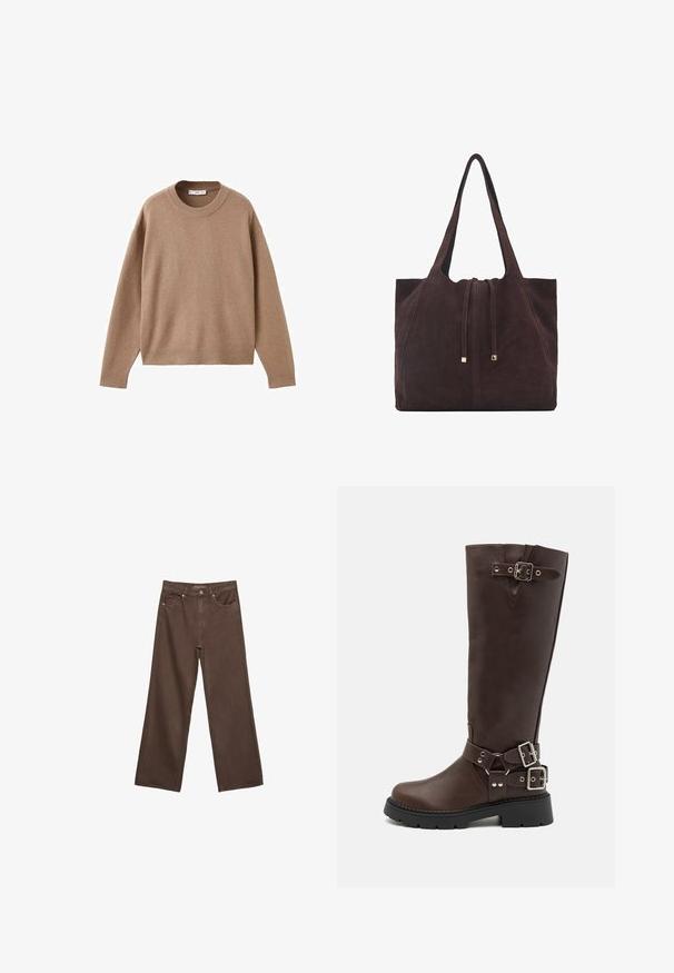 Mehak bež dolg rokav pulover s krožnim izrezom, z rebrastimi manžetami, obrobo in izrezom, prikazan na beeli podlagi.; Široke rjave kavbojke iz denima, ki imajo visok pas, sprednje žepe in klasično zapiranje na gumb. Gladka tekstura s subtilnim šivom.; RAID WESTINN - Škornji s platformo - brown; Mango Torba za nakupovanje - dark brown