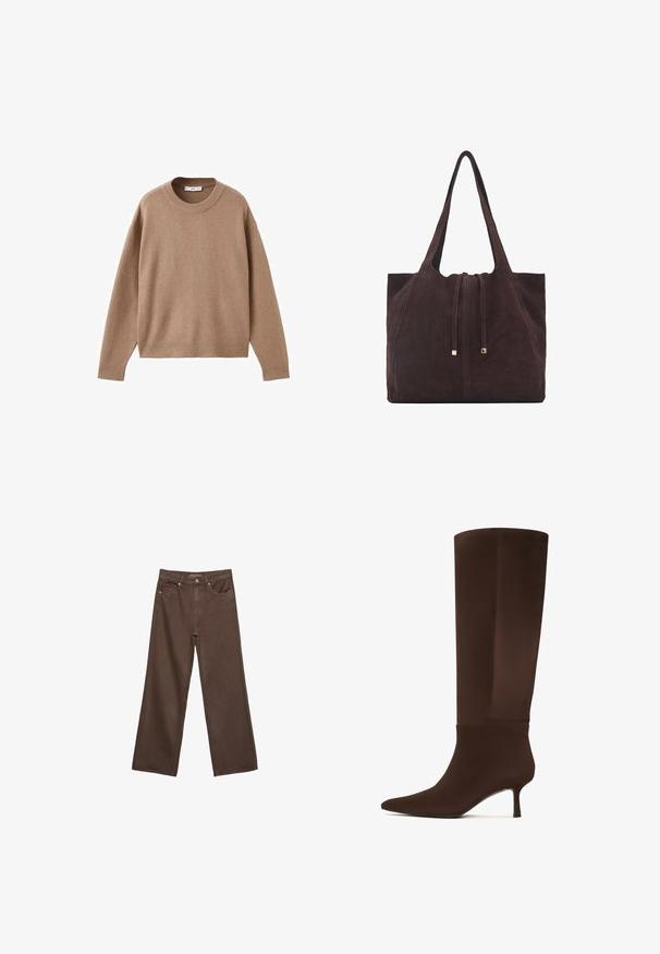 Nježni bež džemper dugih rukava s okruglim izrezom, s rebrastim manžetama, donjim rubom i izrezom, prikazan ravno na bijeloj pozadini.; Proširene smeđe traperice od denima, s visokim strukom, prednjim džepovima i klasičnom kopčom na dugme. Glatka tekstura s suptilnim šavovima.; Smeđe čizme do koljena izrađene od glatkog materijala, s oštrom vagu i uskim, visokim potpeticama. Besprijekoran dizajn s minimalnim naglaskom.; Mango Velika torba - dark brown