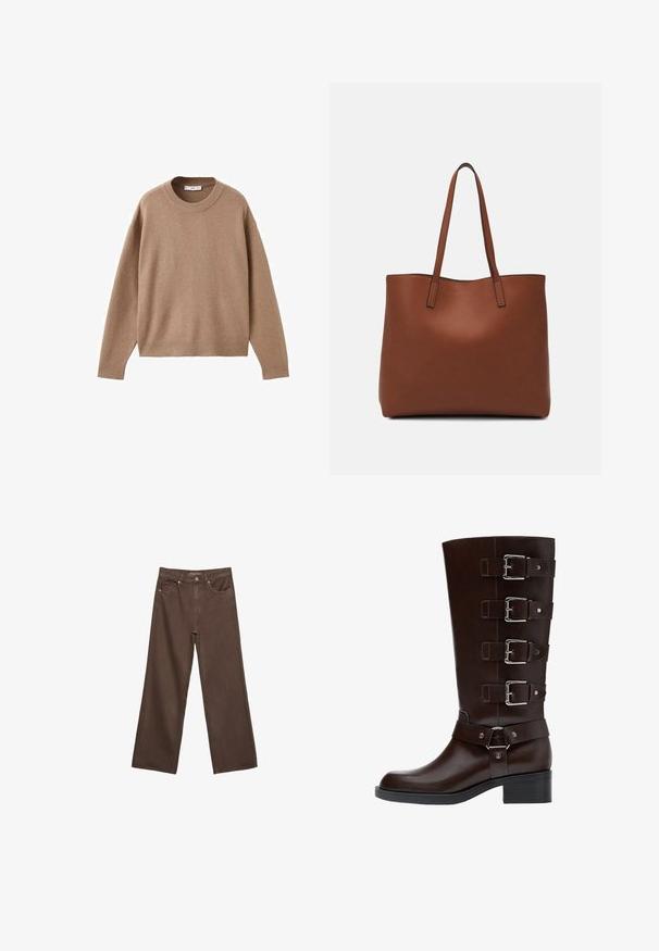 Miękki beżowy sweter z długim rękawem i okrągłym dekoltem, z prążkowanymi mankietami, dolnym obszyciem i dekoltem, wyeksponowany na płasko na białym tle.; Szerokie brązowe dżinsy wykonane z denimu, z wysokim stanem, przednimi kieszeniami i klasycznym zapięciem na guzik. Gładka faktura z subtelnym przeszyciem.; Ciemnobrązowe skórzane botki do kolan z okrągłym noskiem, czterema regulowanymi paskami na klamry i słupkowym obcasem, charakteryzujące się gładkimi i teksturowanymi wykończeniami.; Brązowa skórzana torba tote o gładkiej fakturze, z otwartym wierzchem i dwoma ramiączkami. Charakteryzuje się minimalnym przeszyciem i brakiem widocznych elementów metalowych.