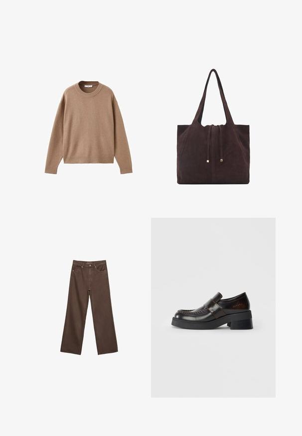 Mehak bež dolg rokav pulover s krožnim izrezom, z rebrastimi manžetami, obrobo in izrezom, prikazan na beeli podlagi.; Široke rjave kavbojke iz denima, ki imajo visok pas, sprednje žepe in klasično zapiranje na gumb. Gladka tekstura s subtilnim šivom.; Rjava usnjena loafer obutev z debelim črnim petam, ki ima šivano zasnovo in trak čez zgornji del za dodaten detajl.; Mango Torba za nakupovanje - dark brown