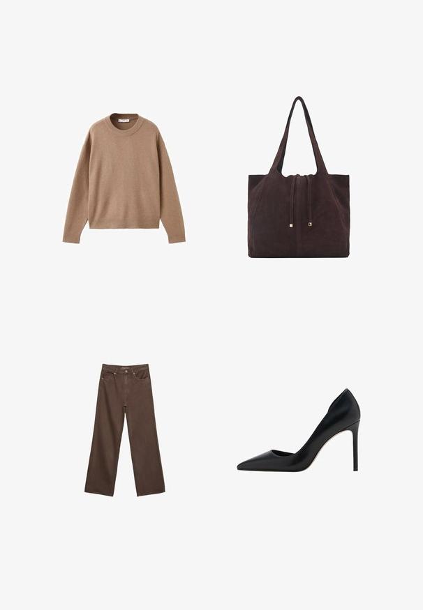 Nježni bež džemper dugih rukava s okruglim izrezom, s rebrastim manžetama, donjim rubom i izrezom, prikazan ravno na bijeloj pozadini.; Proširene smeđe traperice od denima, s visokim strukom, prednjim džepovima i klasičnom kopčom na dugme. Glatka tekstura s suptilnim šavovima.; Mango Visoke pete - black; Mango Velika torba - dark brown