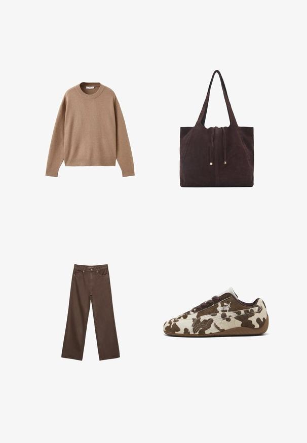Pehmeä beige pitkähihainen pyöreäkauluksinen villapaita, jossa on ribbireunat manseteissa, helmassa ja kaula-aukoossa, esitetty tasaisena valkoista taustaa vasten.; Leviittävät ruskeat farkut, jotka on valmistettu denimistä, korkea vyötärö, etutaskut ja klassinen nappikiinnitys. Silkkinen pinta hienovaraisella ompelutyöllä.; Ruskeja ja creamvärvilised lehmamustri sneakerid, valmistatud sametmaterjalist, ümarate varvastega ning kummist tallaga. Omab paelu ja Puma logo külgedel.; Mango Shopping bag - dark brown
