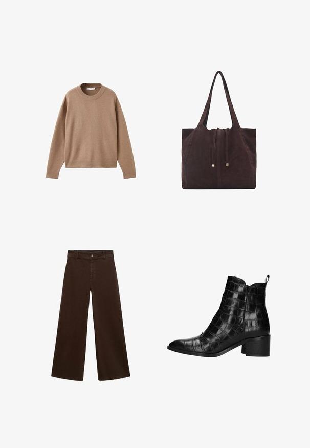 Maglione beige chiaro a maniche lunghe con scollo rotondo, dotato di polsini, orlo e scollatura a coste, presentato piegato su uno sfondo bianco.; Pantaloni larghi marroni in misto cotone, caratterizzati da orlo sfrangiato, chiusura frontale con bottone e classico design a cinque tasche. Minimalisti e versatili.; Stivali neri alla caviglia con motivo in pelle di coccodrillo, punta affusolata, chiusura con zip e tacco spesso. Finitura liscia e lucida.; Mango Shopping bag - dark brown