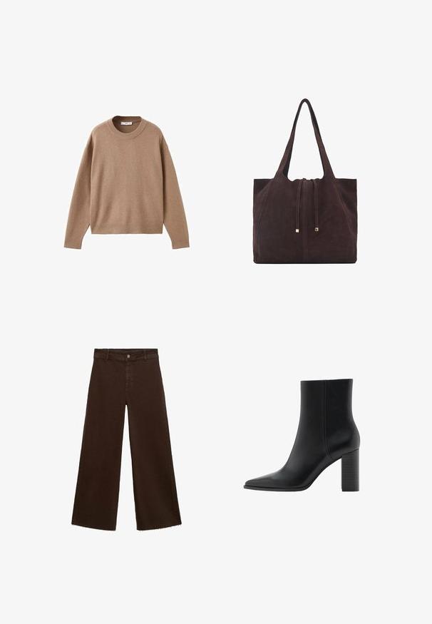 Mjuk beige långärmad tröja med rund halsringning, med ribbade muddar, fåll och halsringning, uppvisad liggandes på en vit bakgrund.; Bruna breda byxor i bomullsblandning med fransar vid fållen, framknäppning och klassisk femfickdesign. Minimalistiska och mångsidiga.; Mango Klassiska stövletter - black; Mango Shoppingväska - dark brown