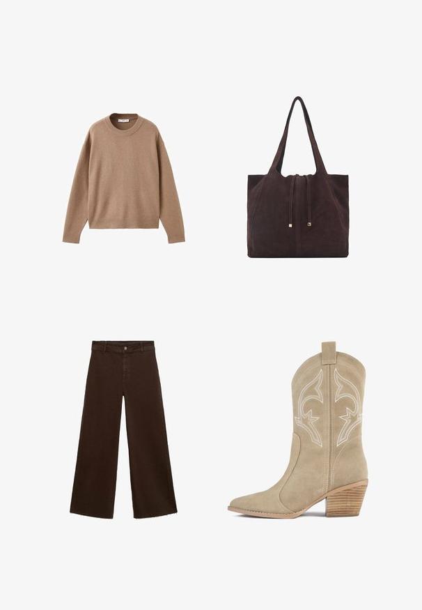 Blød beige langærmet crewneck sweater med ribbede manchetter, kant og krave, præsenteret fladt på en hvid baggrund.; Brune viddebukser i en bomuldsblanding, med en frynset kant, frontknaplukning og klassisk fem-lomme design. Minimalistiske og alsidige.; Beige ruskind cowboystøvle med spids tå, dekorativ hvid sying og stablet træhæle. Har en trækflap bagpå.; Mango Shopping bags - dark brown