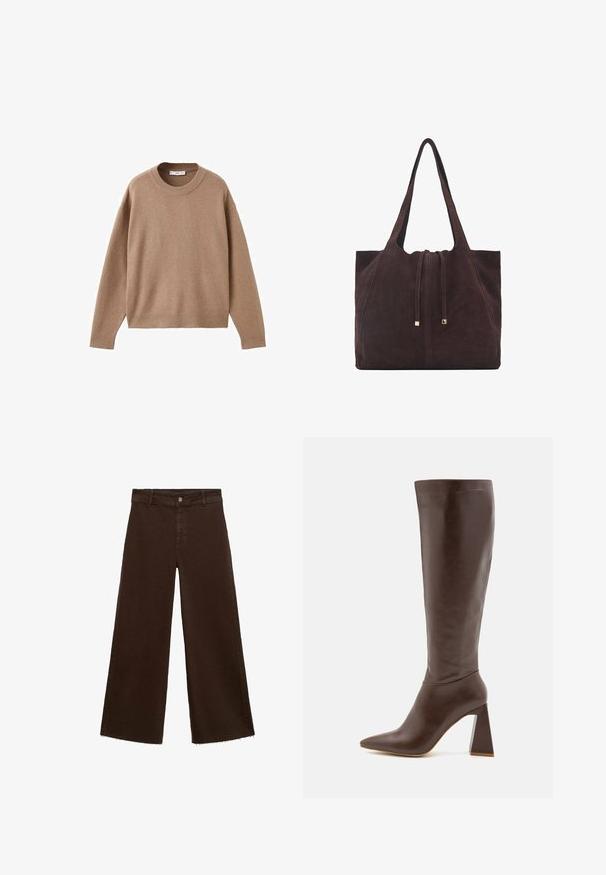 Maglione beige chiaro a maniche lunghe con scollo rotondo, dotato di polsini, orlo e scollatura a coste, presentato piegato su uno sfondo bianco.; Pantaloni larghi marroni in misto cotone, caratterizzati da orlo sfrangiato, chiusura frontale con bottone e classico design a cinque tasche. Minimalisti e versatili.; RAID TENBY - Stivali alti - brown; Mango Shopping bag - dark brown