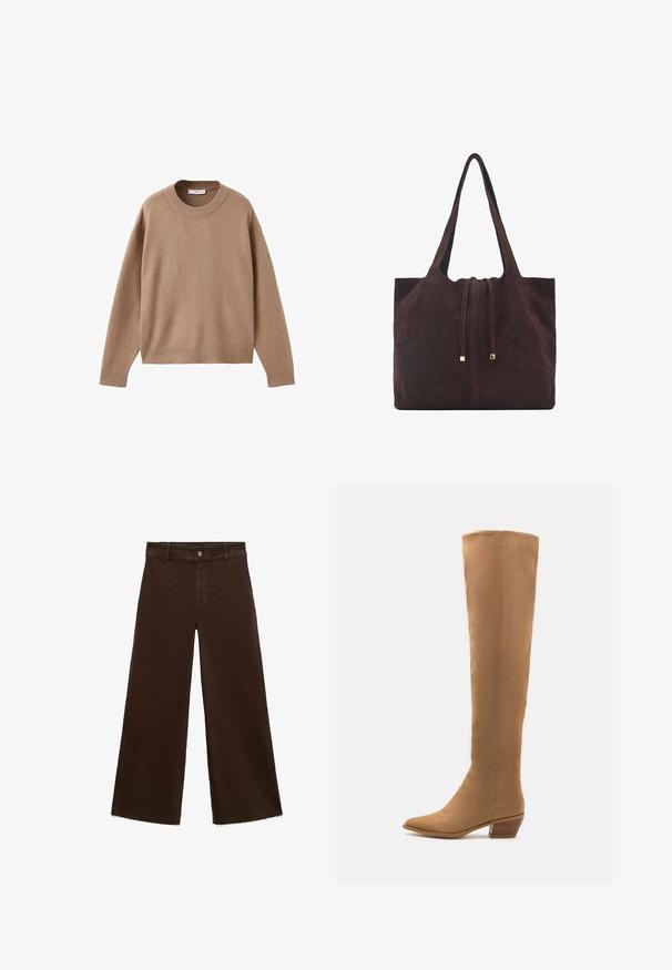 Mehak bež dolg rokav pulover s krožnim izrezom, z rebrastimi manžetami, obrobo in izrezom, prikazan na beeli podlagi.; Rjave široke hlače iz mešanice bombaža, z raztrganim robom, sprednjim gumbom in klasičnim dizajnom s petimi žepi. Minimalistične in vsestranske.; Bodisi svetlo rjavi čevlji do kolen, izdelani iz gladkega materiala, s koničastim nosom in nizko stebričkasto peto. Preprost dizajn, brez vidnih vzorcev ali dodatkov.; Mango Torba za nakupovanje - dark brown
