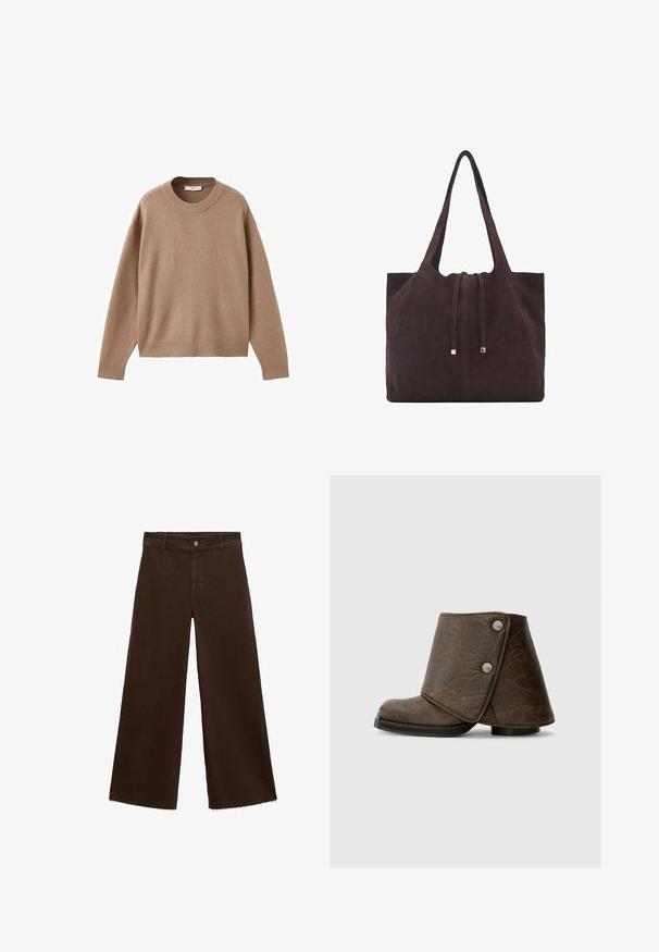 Mehak bež dolg rokav pulover s krožnim izrezom, z rebrastimi manžetami, obrobo in izrezom, prikazan na beeli podlagi.; Rjave široke hlače iz mešanice bombaža, z raztrganim robom, sprednjim gumbom in klasičnim dizajnom s petimi žepi. Minimalistične in vsestranske.; Rjavi usnjeni gležnarji s pregibnim dizajnom, srebrnimi okrasnimi elementi, zaobljenim nosom in teksturirano površino. Nizka, ravna črna podplat.; Mango Torba za nakupovanje - dark brown