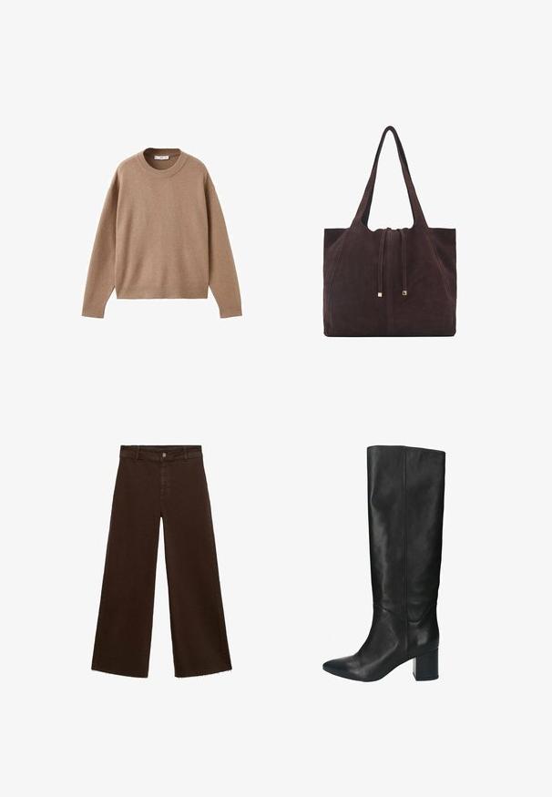 Maglione beige chiaro a maniche lunghe con scollo rotondo, dotato di polsini, orlo e scollatura a coste, presentato piegato su uno sfondo bianco.; Pantaloni larghi marroni in misto cotone, caratterizzati da orlo sfrangiato, chiusura frontale con bottone e classico design a cinque tasche. Minimalisti e versatili.; Stivale nero in pelle fino al ginocchio con punta affusolata, tacco a blocco e texture liscia. Presenta una silhouette elegante e dettagli di cucitura minimali.; Mango Shopping bag - dark brown