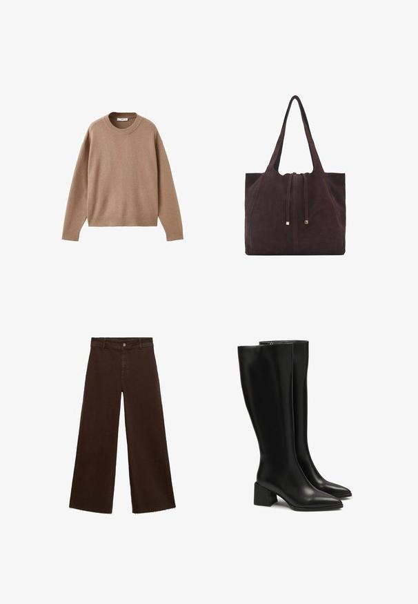 Mjuk beige långärmad tröja med rund halsringning, med ribbade muddar, fåll och halsringning, uppvisad liggandes på en vit bakgrund.; Bruna breda byxor i bomullsblandning med fransar vid fållen, framknäppning och klassisk femfickdesign. Minimalistiska och mångsidiga.; Svarta knähöga läderstövlar med spetsig tå och kraftig klack. Slät textur, minimal sömnad och en enkel dragkedjedetalj.; Mango Shoppingväska - dark brown