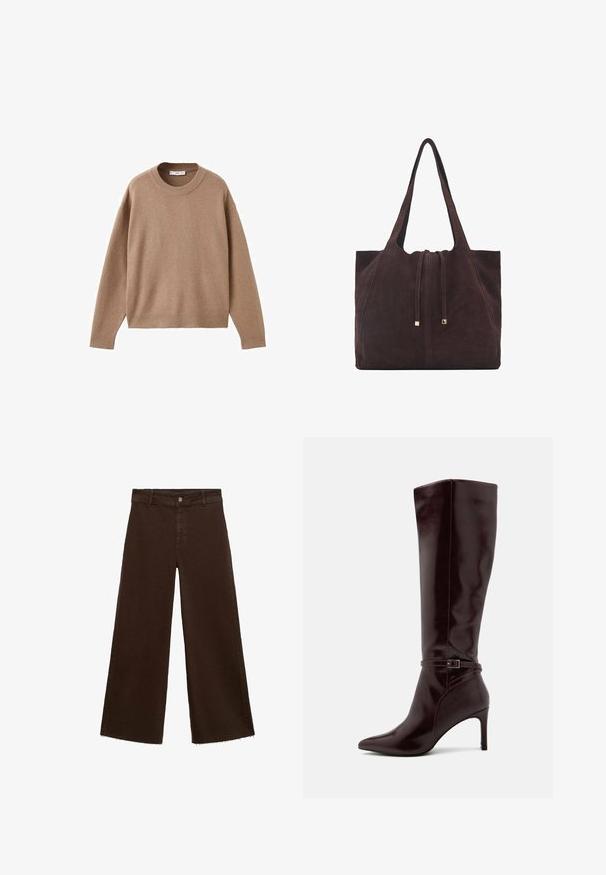 Pehmeä beige pitkähihainen pyöreäkauluksinen villapaita, jossa on ribbireunat manseteissa, helmassa ja kaula-aukoossa, esitetty tasaisena valkoista taustaa vasten.; Ruskeat leveät housut puuvillasekoituksesta, joissa on revitty helma, etunappikiinnitys ja perinteinen viisi-taskuinen muotoilu. Minimalistiset ja monikäyttöiset.; Anna Field Saappaat - bordeaux; Mango Shopping bag - dark brown