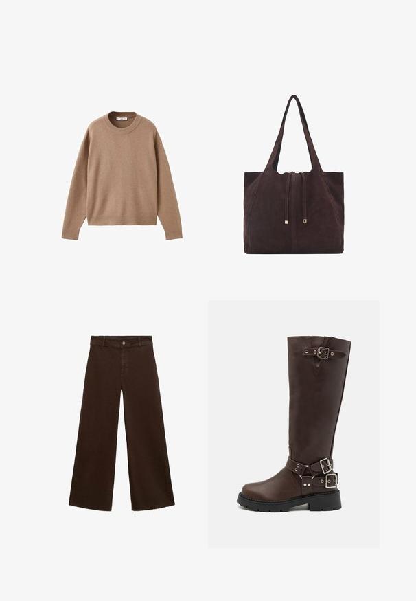 Měkký béžový svetr s dlouhým rukávem a kulatým výstřihem, ribovanými manžetami, lemem a výstřihem, vyložený na bílém pozadí.; Hnědé kalhoty širokého střihu z bavlněné směsi, s třepicí na lemu, předním zapínáním na knoflík a klasickým designem pěti kapes. Minimalistické a univerzální.; RAID WESTINN - Kozačky na platformě - brown; Mango Velká kabelka - dark brown