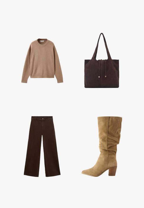 Soft beige long-sleeve crewneck sweater with ribbed cuffs, hem, and neckline, displayed flat on a white background.; Brown wide-leg trousers in cotton blend, featuring a frayed hem, front button closure, and classic five-pocket design. Minimalistic and versatile.; Brown suede knee-high boot with a slouched design, pointed toe, and stacked wooden heel. Soft texture with visible stitching accents.; Mango Tote bag - dark brown
