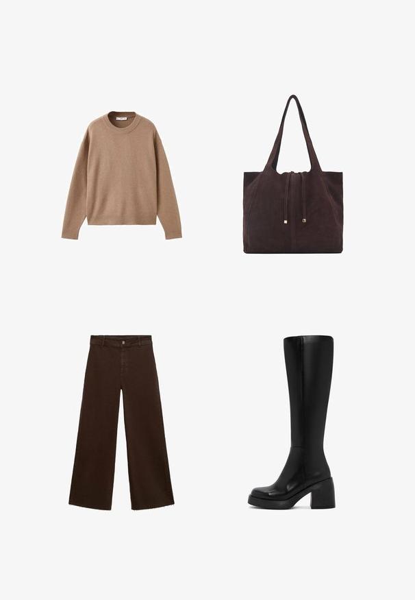 Maglione beige chiaro a maniche lunghe con scollo rotondo, dotato di polsini, orlo e scollatura a coste, presentato piegato su uno sfondo bianco.; Pantaloni larghi marroni in misto cotone, caratterizzati da orlo sfrangiato, chiusura frontale con bottone e classico design a cinque tasche. Minimalisti e versatili.; Stivale nero fino al ginocchio realizzato in pelle liscia, con un tacco largo e una punta arrotondata. Cuciture decorative percorrono il lato.; Mango Shopping bag - dark brown