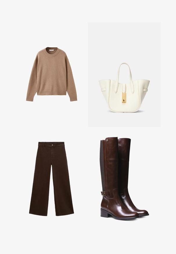 Weicher beiger Langarm-Pullover mit Rundhalsausschnitt, übersichtlich auf einem weißen Hintergrund präsentiert, mit gerippten Bündchen, Saum und Kragen.; Braune, weit geschnittene Hosen aus Baumwollmischung mit fransigem Saum, vorderem Knopfverschluss und klassischem Fünf-Taschen-Design. Minimalistisch und vielseitig.; Braune Lederstiefel bis zum Knie mit glatter Oberfläche, kontrastierendem Stoffeinsatz, Schnalle am Knöchel und niedrigem Blockabsatz.; Weißer Leder-Umhängetasche mit strukturierter Form, auffälliger Naht, goldfarbener Hardware-Tag und doppelten Griffen. Texturierte Oberfläche mit Seitentaschen.