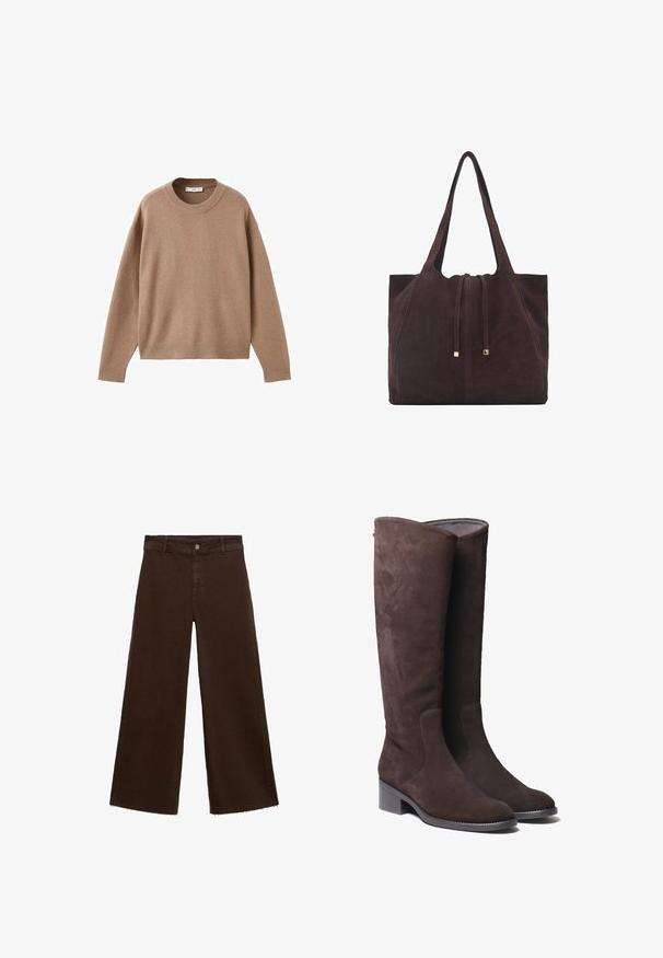 Mäkký béžový sveter s dlhým rukávom a okrúhlym výstrihom, s rebrovými rukávmi, spodným lemom a výstrihom, vystavený položený na bielom pozadí.; Hnedé široké nohavice z bavlnenej zmesi, s roztrhnutým lemom, predným zapínaním na gombík a klasickým dizajnom s piatimi vreckami. Minimalistické a všestranné.; Hnedé semišové vysoké čižmy s mierne zaoblenou špičkou a nízkym blokovým podpätkom. Obsahujú jemné stehové detaily po stranách.; Mango Veľká kabelka - dark brown