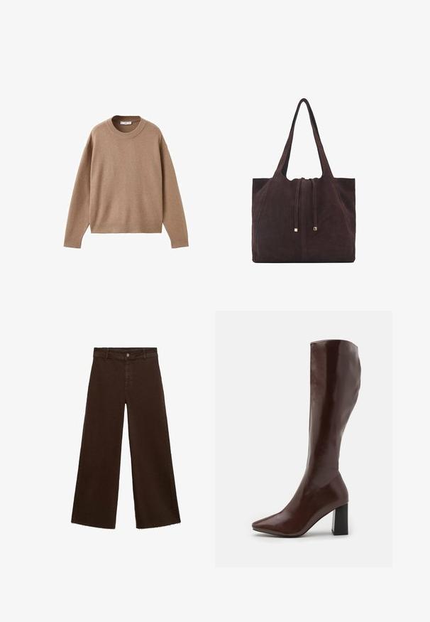 Pull en maille beige doux à manches longues et col rond, avec des poignets, un ourlet et un col côtelés, présenté à plat sur un fond blanc.; Pantalons large en coton mélangé, couleur marron, avec un ourlet effiloché, une fermeture à bouton à l'avant et un design classique à cinq poches. Minimaliste et polyvalent.; RAID HETTIE - Bottes - brown; Mango Cabas - dark brown