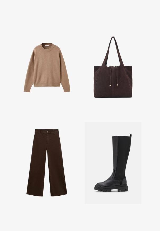 Mäkký béžový sveter s dlhým rukávom a okrúhlym výstrihom, s rebrovými rukávmi, spodným lemom a výstrihom, vystavený položený na bielom pozadí.; Hnedé široké nohavice z bavlnenej zmesi, s roztrhnutým lemom, predným zapínaním na gombík a klasickým dizajnom s piatimi vreckami. Minimalistické a všestranné.; Čierne čižmy po kolená s hladkým koženým predkom a textúrovaným látkovým zázemím, s robustnou zúženou podrážkou a s ťahacím pútkom pre jednoduché obúvanie.; Mango Veľká kabelka - dark brown