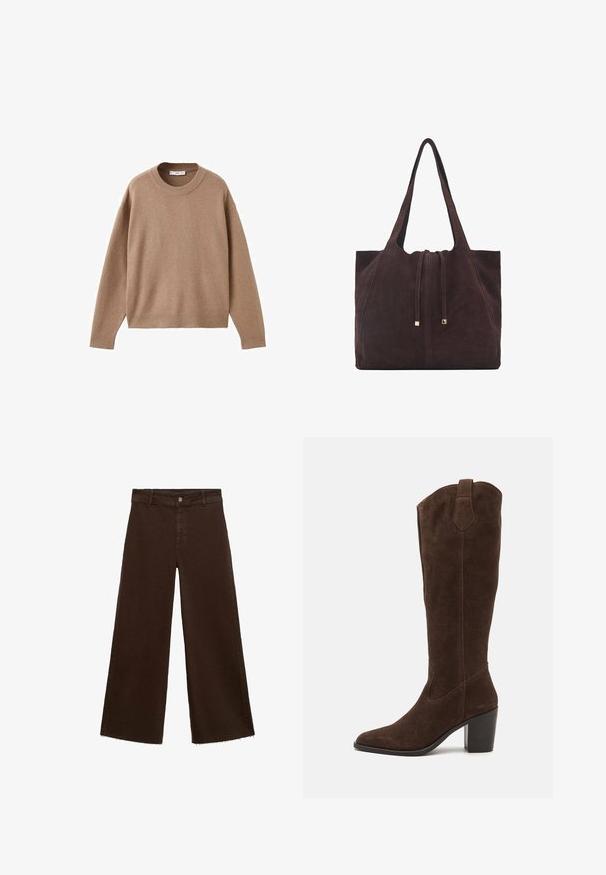 Pehmeä beige pitkähihainen pyöreäkauluksinen villapaita, jossa on ribbireunat manseteissa, helmassa ja kaula-aukoossa, esitetty tasaisena valkoista taustaa vasten.; Ruskeat leveät housut puuvillasekoituksesta, joissa on revitty helma, etunappikiinnitys ja perinteinen viisi-taskuinen muotoilu. Minimalistiset ja monikäyttöiset.; Anna Field LEATHER - Korolliset saappaat - brown; Mango Shopping bag - dark brown