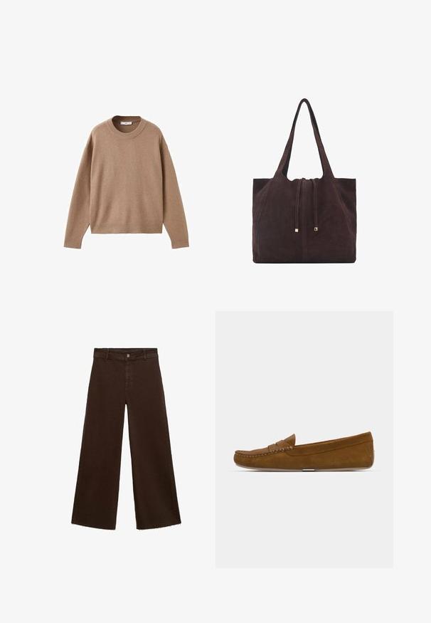 Nježni bež džemper dugih rukava s okruglim izrezom, s rebrastim manžetama, donjim rubom i izrezom, prikazan ravno na bijeloj pozadini.; Smeđe široke hlače od pamuka, s raspucanim rubom, prednjim kopčanjem na dugme i klasičnim dizajnom s pet džepova. Minimalističke i svestrane.; Smeđe antilop mokasine sa šavom, ravnim đonom i okruglim vrhom. Jednostavan dizajn sa malom dekorativnom trakom preko prednje strane.; Mango Velika torba - dark brown
