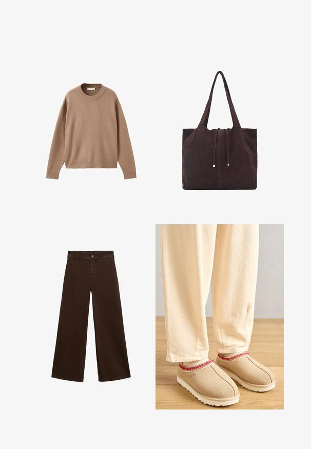 Zachte beige lange mouw crewneck trui met geribbelde manchetten, zoom en halslijn, plat weergegeven op een witte achtergrond.; Bruine wijde broek in katoenmix, met een rafelige zoom, sluiting met een knoop aan de voorkant en een klassieke vijf-pocketstijl. Minimalistisch en veelzijdig.; Tansuède klompen met een rode decoratieve rand en een witte rubberen zool, gecombineerd met lichtbeige broeken, geplaatst op een houten vloer.; Mango Shopper - dark brown
