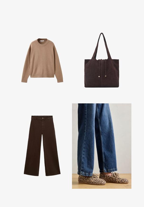 Mäkký béžový sveter s dlhým rukávom a okrúhlym výstrihom, s rebrovými rukávmi, spodným lemom a výstrihom, vystavený položený na bielom pozadí.; Hnedé široké nohavice z bavlnenej zmesi, s roztrhnutým lemom, predným zapínaním na gombík a klasickým dizajnom s piatimi vreckami. Minimalistické a všestranné.; Loaferi s leopardím vzorom vyrobené z nubuku, s okrúhlou špičkou, šnurovaním a plochými, flexibilnými podrážkami, skombinované s modrými džínami.; Mango Veľká kabelka - dark brown