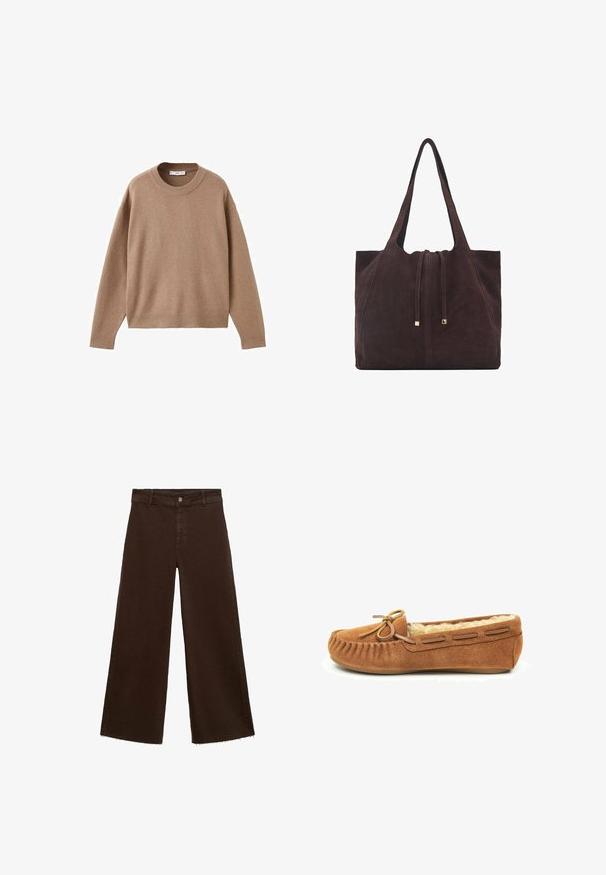 Pehmeä beige pitkähihainen pyöreäkauluksinen villapaita, jossa on ribbireunat manseteissa, helmassa ja kaula-aukoossa, esitetty tasaisena valkoista taustaa vasten.; Ruskeat leveät housut puuvillasekoituksesta, joissa on revitty helma, etunappikiinnitys ja perinteinen viisi-taskuinen muotoilu. Minimalistiset ja monikäyttöiset.; Ruskeat mokkasiinit, joissa on turkisvuori, nauha koristeena varpaassa ja koristepistot yläosassa. Tasainen kumipohja.; Mango Shopping bag - dark brown