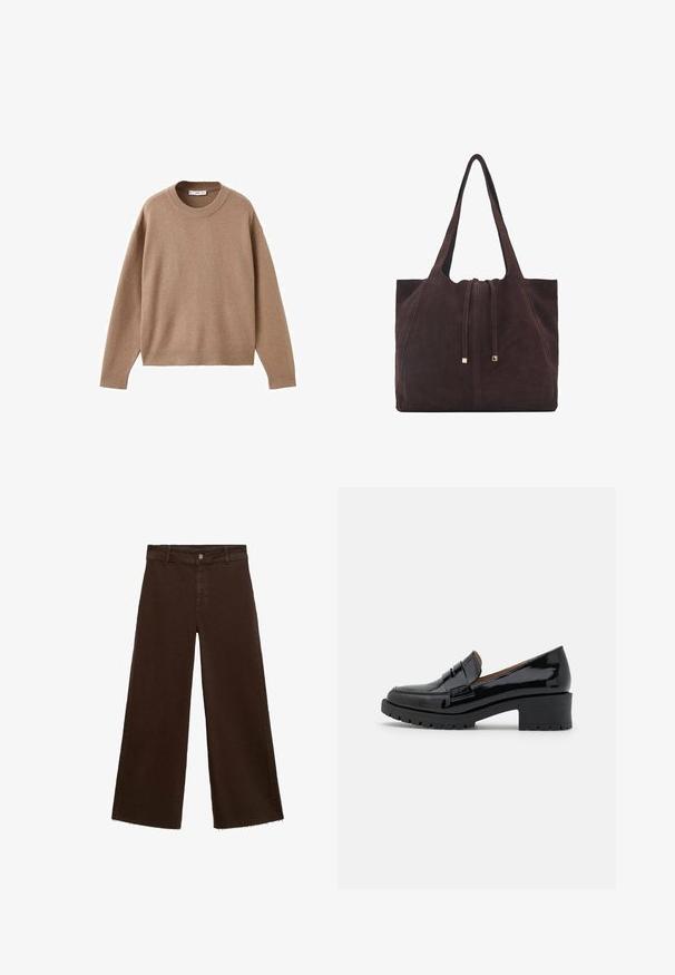 Mehak bež dolg rokav pulover s krožnim izrezom, z rebrastimi manžetami, obrobo in izrezom, prikazan na beeli podlagi.; Rjave široke hlače iz mešanice bombaža, z raztrganim robom, sprednjim gumbom in klasičnim dizajnom s petimi žepi. Minimalistične in vsestranske.; Črne lakirane loaferje z nizko debelo peto, ki imajo sprednji trak in teksturirano gumijasto podplato za boljši oprijem.; Mango Torba za nakupovanje - dark brown