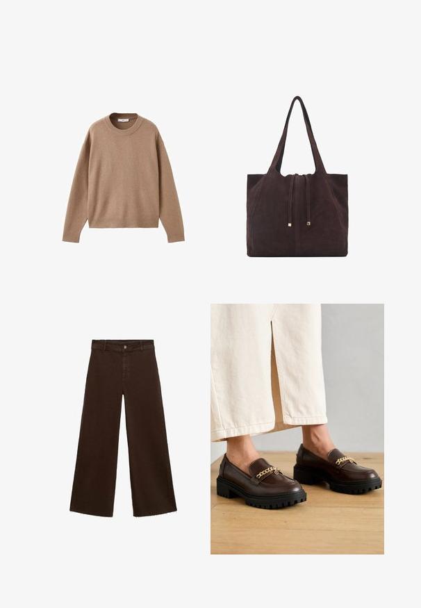 Weicher beiger Langarm-Pullover mit Rundhalsausschnitt, übersichtlich auf einem weißen Hintergrund präsentiert, mit gerippten Bündchen, Saum und Kragen.; Braune, weit geschnittene Hosen aus Baumwollmischung mit fransigem Saum, vorderem Knopfverschluss und klassischem Fünf-Taschen-Design. Minimalistisch und vielseitig.; Braune Lederloafers mit einer dicken schwarzen Sohle und einem goldenen Kettenakzent vorne. Glatte Oberfläche mit leichtem Glanz.; Mango Shopping Bag - dark brown