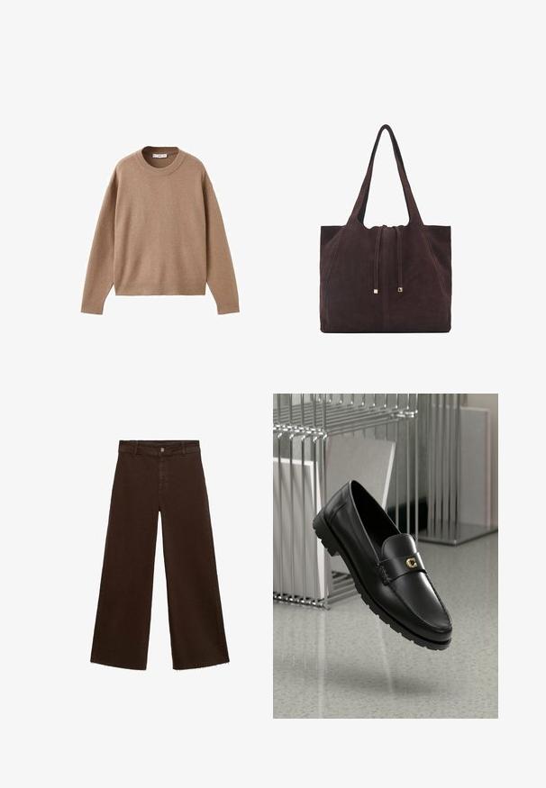 Soft beige long-sleeve crewneck sweater with ribbed cuffs, hem, and neckline, displayed flat on a white background.; Brown wide-leg trousers in cotton blend, featuring a frayed hem, front button closure, and classic five-pocket design. Minimalistic and versatile.; Black leather loafers with a raised seam, gold accent logo, and textured strap. Features a thick, durable rubber sole.; Mango Tote bag - dark brown