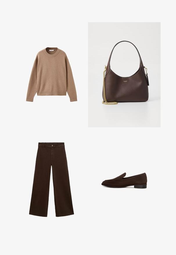 Suéter de manga larga en color beige suave, con cuello redondo y puños, dobladillo y cuello acanalados, mostrado plano sobre un fondo blanco.; Pantalones de pierna ancha marrones en una mezcla de algodón, con un dobladillo deshilachado, cierre frontal de botón y diseño clásico de cinco bolsillos. Minimalistas y versátiles.; Zapato marrón de tipo slip-on con una textura suave, forma alargada, tacón bajo y diseño minimalista. Sin patrones o adornos visibles.; COACH BROOKLYN SHOULDER BAG 23 - Bolso de mano - maple