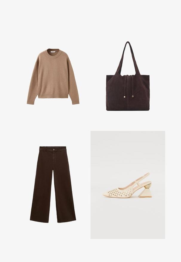 Weicher beiger Langarm-Pullover mit Rundhalsausschnitt, übersichtlich auf einem weißen Hintergrund präsentiert, mit gerippten Bündchen, Saum und Kragen.; Braune, weit geschnittene Hosen aus Baumwollmischung mit fransigem Saum, vorderem Knopfverschluss und klassischem Fünf-Taschen-Design. Minimalistisch und vielseitig.; Beige Slingback-Schuh mit Perforierung im Obermaterial, spitzer Zehenpartie und einem kontrastierenden dreieckigen Absatz mit einem goldenen Akzent. Insgesamt glatte Textur.; Mango Shopping Bag - dark brown