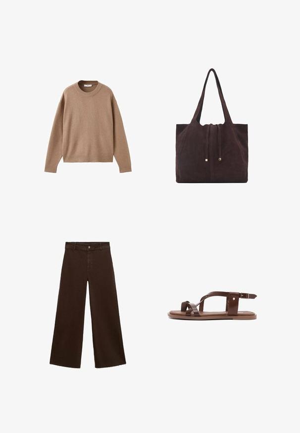 Weicher beiger Langarm-Pullover mit Rundhalsausschnitt, übersichtlich auf einem weißen Hintergrund präsentiert, mit gerippten Bündchen, Saum und Kragen.; Braune, weit geschnittene Hosen aus Baumwollmischung mit fransigem Saum, vorderem Knopfverschluss und klassischem Fünf-Taschen-Design. Minimalistisch und vielseitig.; Braune Leder-Sandalen mit mehreren überkreuzten Riemen, einer flachen Sohle und einem Knöchelriemen mit einer Metallschnalle. Schlichtes, offenes Design ohne Muster.; Mango Shopping Bag - dark brown