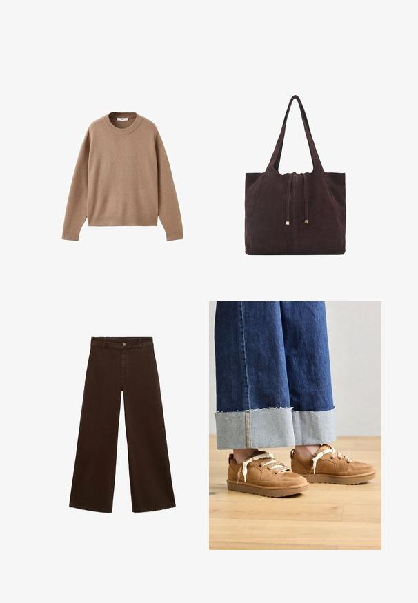 Mehak bež dolg rokav pulover s krožnim izrezom, z rebrastimi manžetami, obrobo in izrezom, prikazan na beeli podlagi.; Rjave široke hlače iz mešanice bombaža, z raztrganim robom, sprednjim gumbom in klasičnim dizajnom s petimi žepi. Minimalistične in vsestranske.; Rjave semiš tene z teksturiranimi ploščami in svetlimi vezalkami. Kombinirane z širokimi modrimi kavbojkami, ki imajo strgane robove.; Mango Torba za nakupovanje - dark brown
