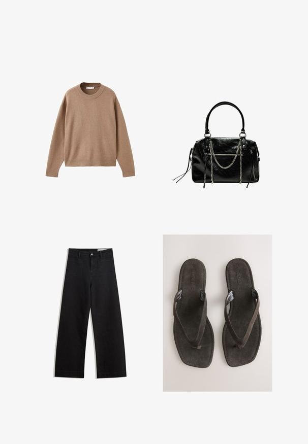 Blød beige langærmet crewneck sweater med ribbede manchetter, kant og krave, præsenteret fladt på en hvid baggrund.; Sorte wide-leg denim bukser med høj talje, der har front- og baglommer, syede sømme og en knaplukning. Glat tekstur.; Brune ruskindsflip-flops med flad sål, der har teksturerede stropper og et enkelt design. Ingen ekstra mønstre eller detaljer til stede.; Bershka WITH CHAIN - Håndtasker - black