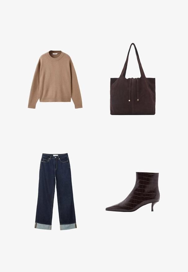 Mjuk beige långärmad tröja med rund halsringning, med ribbade muddar, fåll och halsringning, uppvisad liggandes på en vit bakgrund.; Mörkblå vida jeans med hög midja, utrustade med uppvikta fållar, kontrasterande sömmar och femficksdesign. Tillverkade av denimtyg.; Svarta klackstövlar i krokodilpräglat läder med spetsig tå och en kort, smal klack. Slät textur med distinkt mönster och elegant design.; Mango Shoppingväska - dark brown