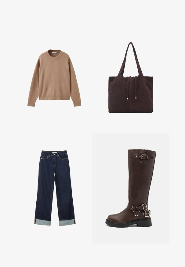 Mehak bež dolg rokav pulover s krožnim izrezom, z rebrastimi manžetami, obrobo in izrezom, prikazan na beeli podlagi.; Temno modri široki jeans z visokim pasom, s zavitimi manšetami, kontrastnim šivanjem in dizajnom s petimi žepi. Narejeni iz jeansa.; RAID WESTINN - Škornji s platformo - brown; Mango Torba za nakupovanje - dark brown