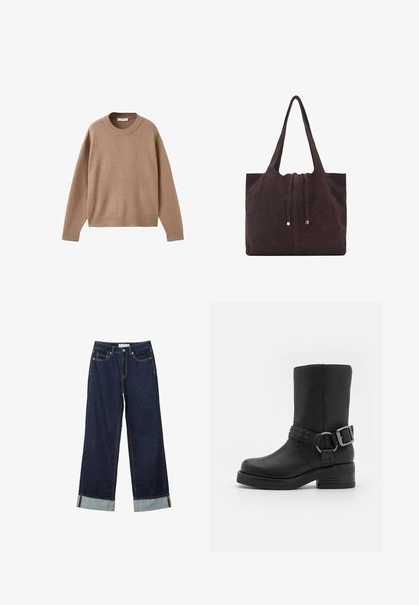 Pull en maille beige doux à manches longues et col rond, avec des poignets, un ourlet et un col côtelés, présenté à plat sur un fond blanc.; Jean large bleu foncé à taille haute, avec des ourlets roulés, des coutures contrastées et un design à cinq poches. Fabriqué en tissu en denim.; Botte cheville en cuir noir avec un bout rond, un talon épais et une sangle décorative à boucle autour de la cheville. Fini texturé.; Mango Cabas - dark brown