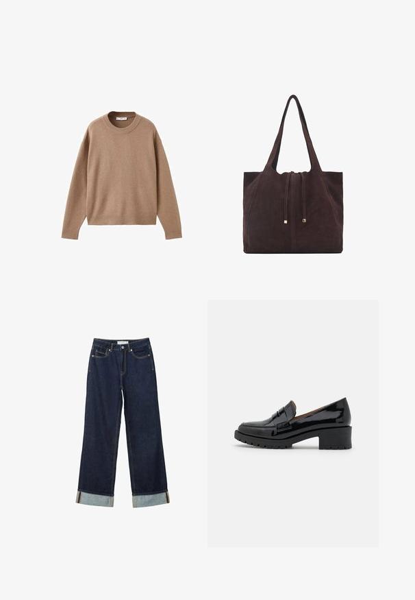 Mäkký béžový sveter s dlhým rukávom a okrúhlym výstrihom, s rebrovými rukávmi, spodným lemom a výstrihom, vystavený položený na bielom pozadí.; Tmavo modré široké nohavice s vysokým pásom, s manžetami, kontrastným šitím a dizajnom s piatimi vreckami. Vyrobené z denimu.; Čierne lakované kožené mokasíny s nízkym hrubým opätkom, s predným pásikom a textúrovanou gumovou podrážkou pre lepšiu priľnavosť.; Mango Veľká kabelka - dark brown