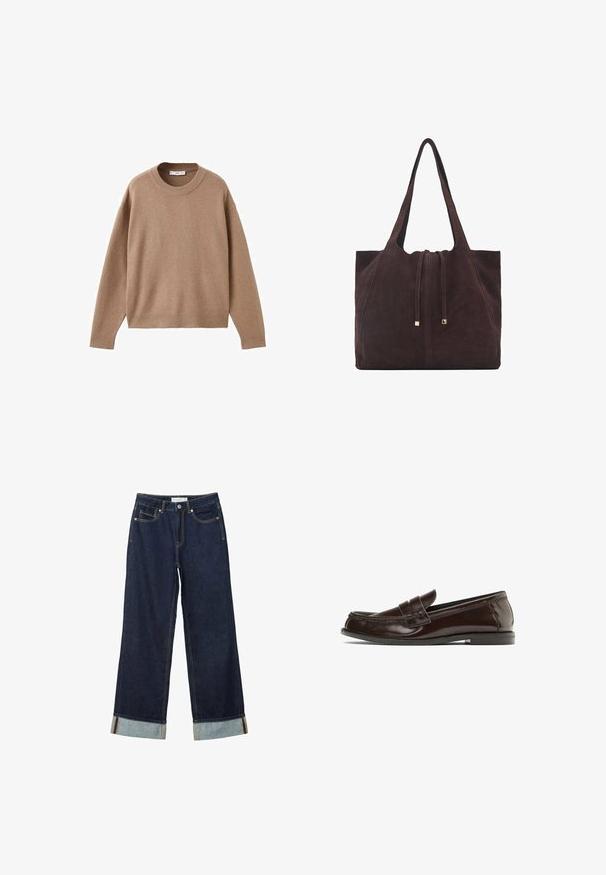 Miękki beżowy sweter z długim rękawem i okrągłym dekoltem, z prążkowanymi mankietami, dolnym obszyciem i dekoltem, wyeksponowany na płasko na białym tle.; Ciemnoniebieskie dżinsy o szerokich nogawkach i wysokim stanie, z podwiniętymi mankietami, kontrastowym przeszyciem i pięcioma kieszeniami. Wykonane z materiału dżinsowego.; Brązowy skórzany loafers z przeszyciem na wierzchu, niskim obcasem i gładkim wykończeniem. Subtelna tekstura podkreśla jego elegancki wygląd.; Mango - Torba na zakupy