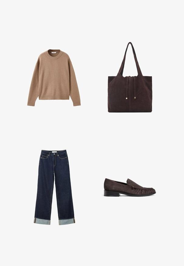 Pehmeä beige pitkähihainen pyöreäkauluksinen villapaita, jossa on ribbireunat manseteissa, helmassa ja kaula-aukoossa, esitetty tasaisena valkoista taustaa vasten.; Tummansinisiä leveälahkeisia farkkuja, joissa on korkea vyötärö, käännetyt lahkeet, kontrastiväriset ompeleet ja viisi taskua. Valmistettu denim-kankaasta.; Ruske suede loaferit, joissa on matala musta korko ja rypytetty yksityiskohta edessä. Sujuva pinta, pyöristetty varvas ja minimalistinen muotoilu.; Mango Shopping bag - dark brown