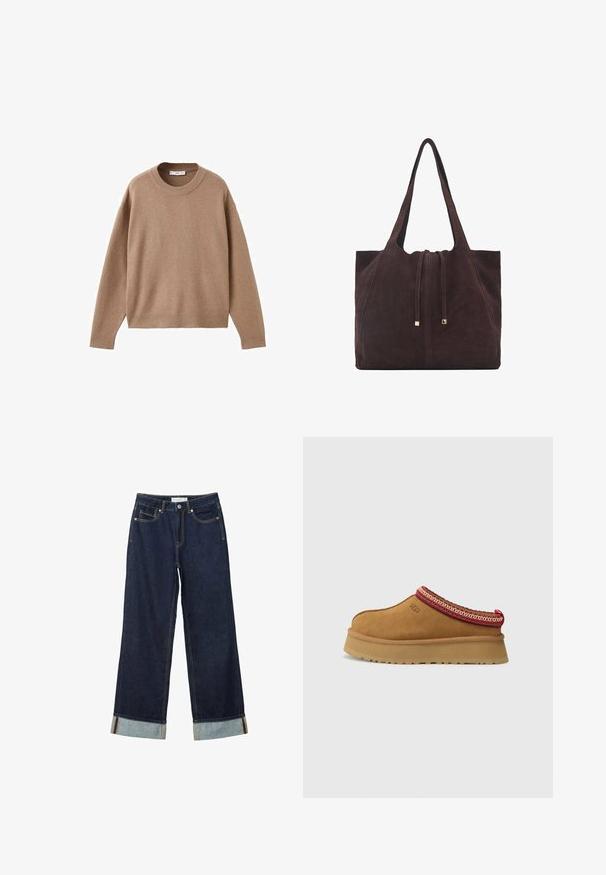 Pull en maille beige doux à manches longues et col rond, avec des poignets, un ourlet et un col côtelés, présenté à plat sur un fond blanc.; Jean large bleu foncé à taille haute, avec des ourlets roulés, des coutures contrastées et un design à cinq poches. Fabriqué en tissu en denim.; Chaussure slip-on en daim marron avec un bord en rouge et crème à motifs, semelle texturée et logo UGG sur le côté. Présente une légère hauteur de plateforme.; Mango Cabas - dark brown