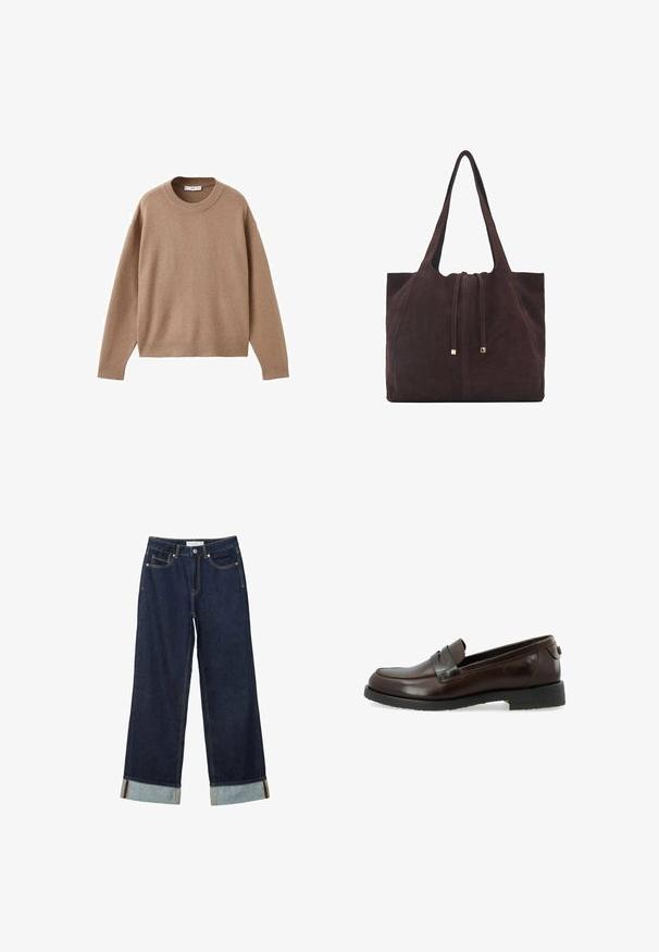 Mjuk beige långärmad tröja med rund halsringning, med ribbade muddar, fåll och halsringning, uppvisad liggandes på en vit bakgrund.; Mörkblå vida jeans med hög midja, utrustade med uppvikta fållar, kontrasterande sömmar och femficksdesign. Tillverkade av denimtyg.; Bruna läderloafers med en slät finish, en sydd tådesign och en låg svart gummisula. Har ett dekorativt remdetail.; Mango Shoppingväska - dark brown