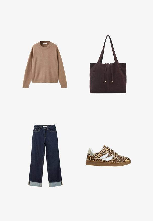 Pull en maille beige doux à manches longues et col rond, avec des poignets, un ourlet et un col côtelés, présenté à plat sur un fond blanc.; Jean large bleu foncé à taille haute, avec des ourlets roulés, des coutures contrastées et un design à cinq poches. Fabriqué en tissu en denim.; Baskets à imprimé léopard avec trois bandes Velcro, accents blancs et un détail doré au talon. Semelle en caoutchouc, bout rond, tige texturée.; Mango Cabas - dark brown