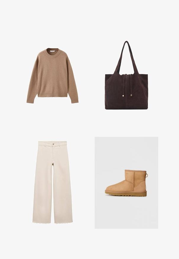 Nježni bež džemper dugih rukava s okruglim izrezom, s rebrastim manžetama, donjim rubom i izrezom, prikazan ravno na bijeloj pozadini.; Bež traperice širokih nogavica s visokim strukom, s kopčanjem na gumb, prednjim džepovima i strganim rubovima. Izrađene od trapera.; Anđeoske čizme od brušene kože u bež boji sa okruglim prstom, šivenim detaljima, petnim trakama i teksturiranim gumenim đonom. Dizajnirane za udobnost i toplinu.; Mango Velika torba - dark brown